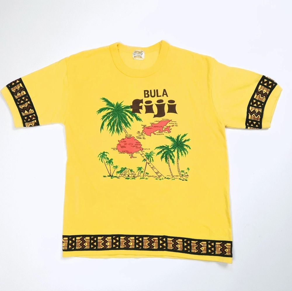 Bula Fuji Bright Yellow Vintage Cotton Graphic T Shirt Mc.Poly Size 42